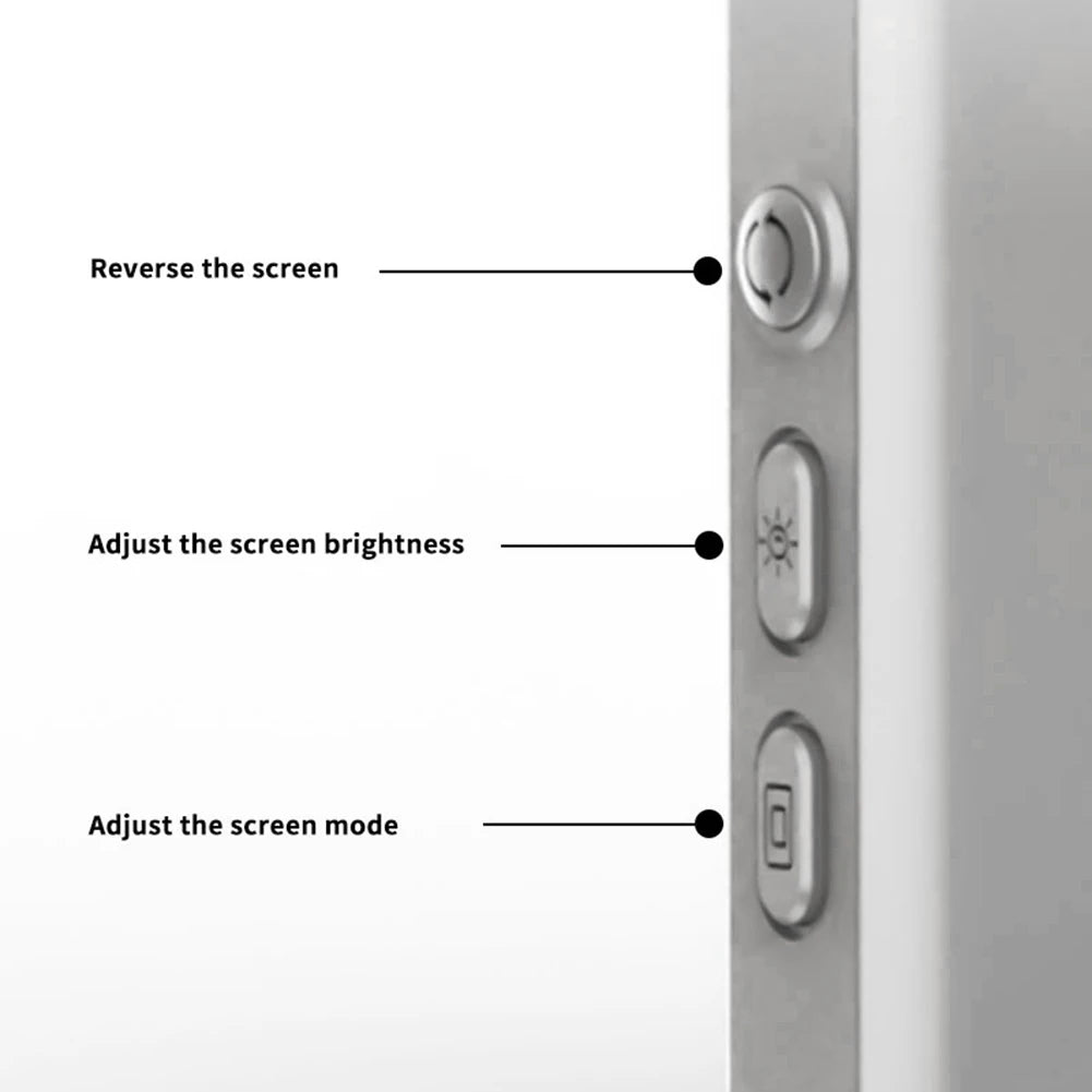 Control panel with buttons labeled for reversing, adjusting brightness, and changing screen mode on a white background for the Stravelle Selfie Monitor