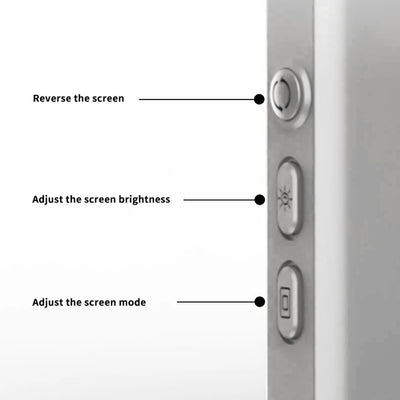 Control panel with buttons labeled for reversing, adjusting brightness, and changing screen mode on a white background for the Stravelle Selfie Monitor