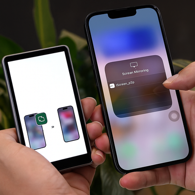 displaying screen mirroring functionality held by a person.