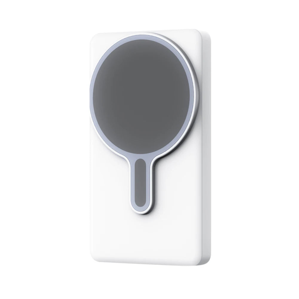 Handheld mirror with gray handle and round reflective surface on a white background