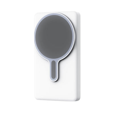 Handheld mirror with gray handle and round reflective surface on a white background